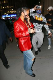 Rihanna in a Red Leather Blazer and Baggy Denim - Nobu in NY 04/06/2021