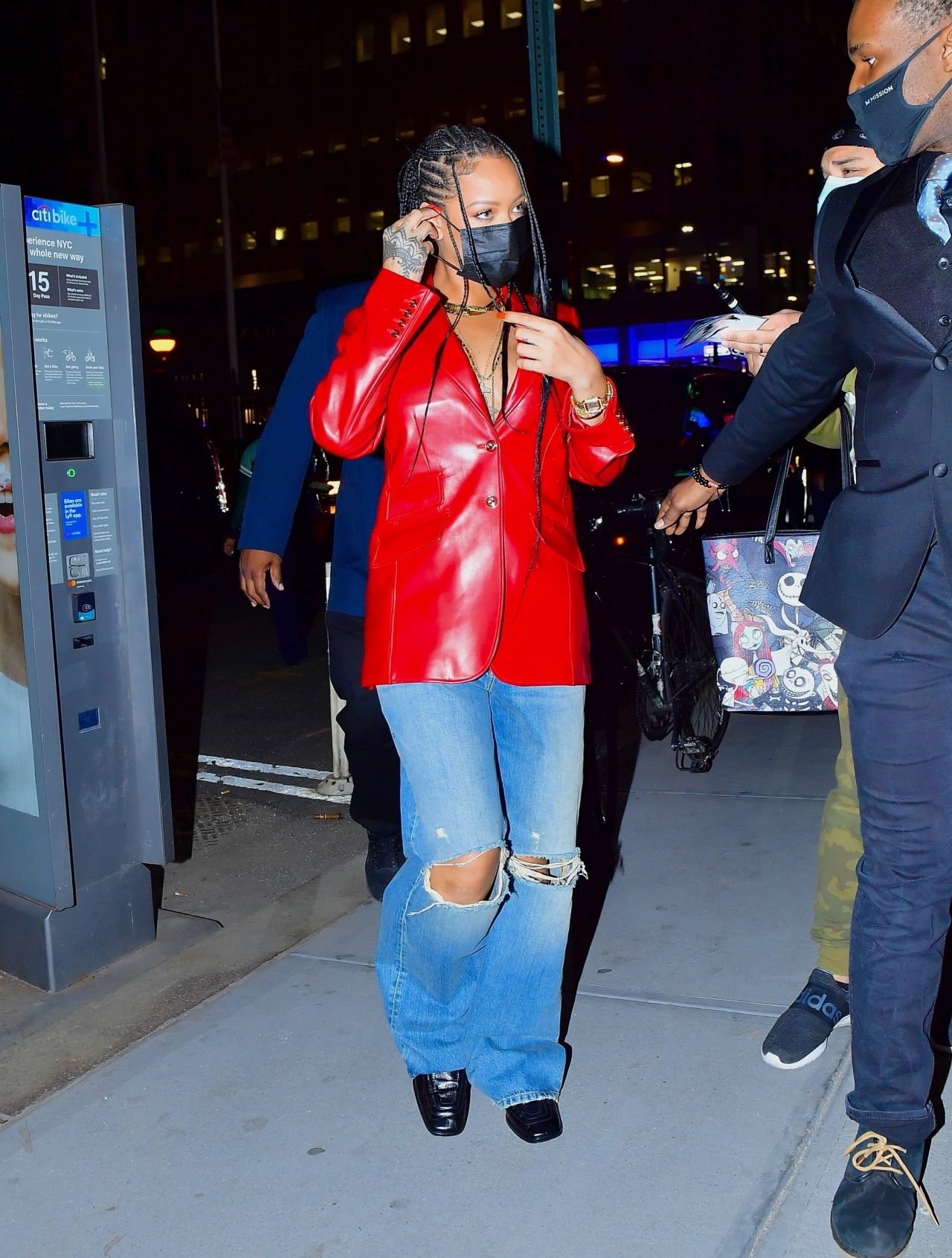 Rihanna in a Red Leather Blazer and Baggy Denim - Nobu in NY 04/06/2021 ...