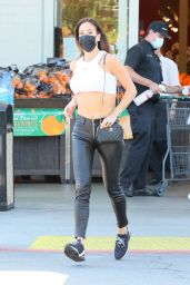Vajna Timea in a White Crop Top and Leather Pants at Bristol Farms in West Hollywood 04/19/2021