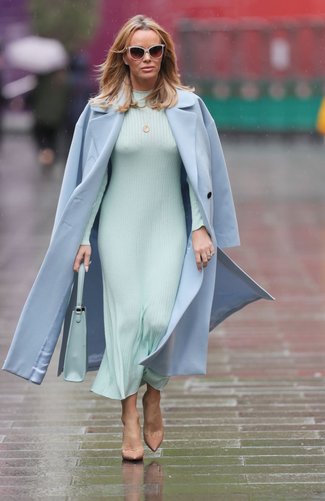 Amanda Holden in a Fitted Mint Green Dress and Pale Blue Coat 05/13 ...