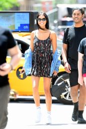Daiane Sodre in a Denim Jacket, Patterned Mini Dress and White Trainers - NYC 05/27/2021