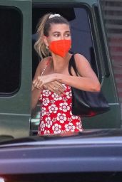 Hailey Rhode Bieber in a Red Floral Print Dress at Nobu in Malibu 05/05/2021