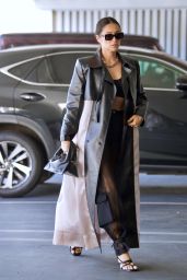 Shay Mitchell in a Black Crop Top, Cargo Pants and a Leather Accented Trench Coat - Beverly Hills 05/25/2021