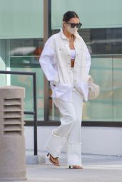 Shay Mitchell Wears Crop Top and White Denim in Los Angeles 05/17/2021