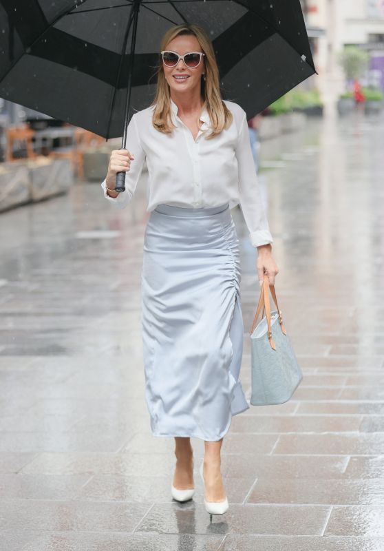 Amanda Holden Wears White Shirt and Silk Thigh-Split Skirt - London 06/21/2021