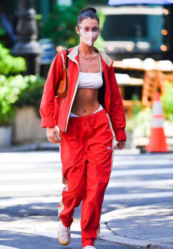 Bella Hadid Wears a Red Track Suit - NYC 06/05/2021