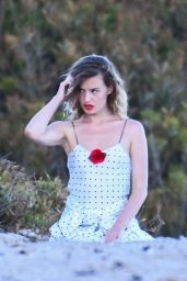 Georgia May Jagger in a Cute Black and White Polka Dot Dress - Photoshoot in Malibu 06/21/2021
