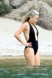 Kate Hudson in a Plunging Black Swimsuit on the Beach in Greece 06/13/2021