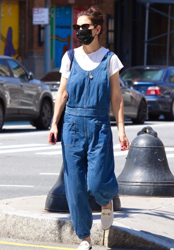 Katie Holmes Wears Blue Overalls - New York City 06/05/2021