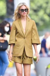 Meredith Mickelson in a Summery Olive Green Linen Shorts Suit with Tan Knee High Boots - Photoshoot in LA 05/31/2021