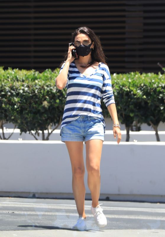 Mila Kunis Wears Stripes and Jean Shorts - Beverly Hills 06/13/2021