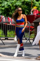 Tayshia Adams in a Multicolored Dress and Knee High White Boots - NYC 06/23/2021
