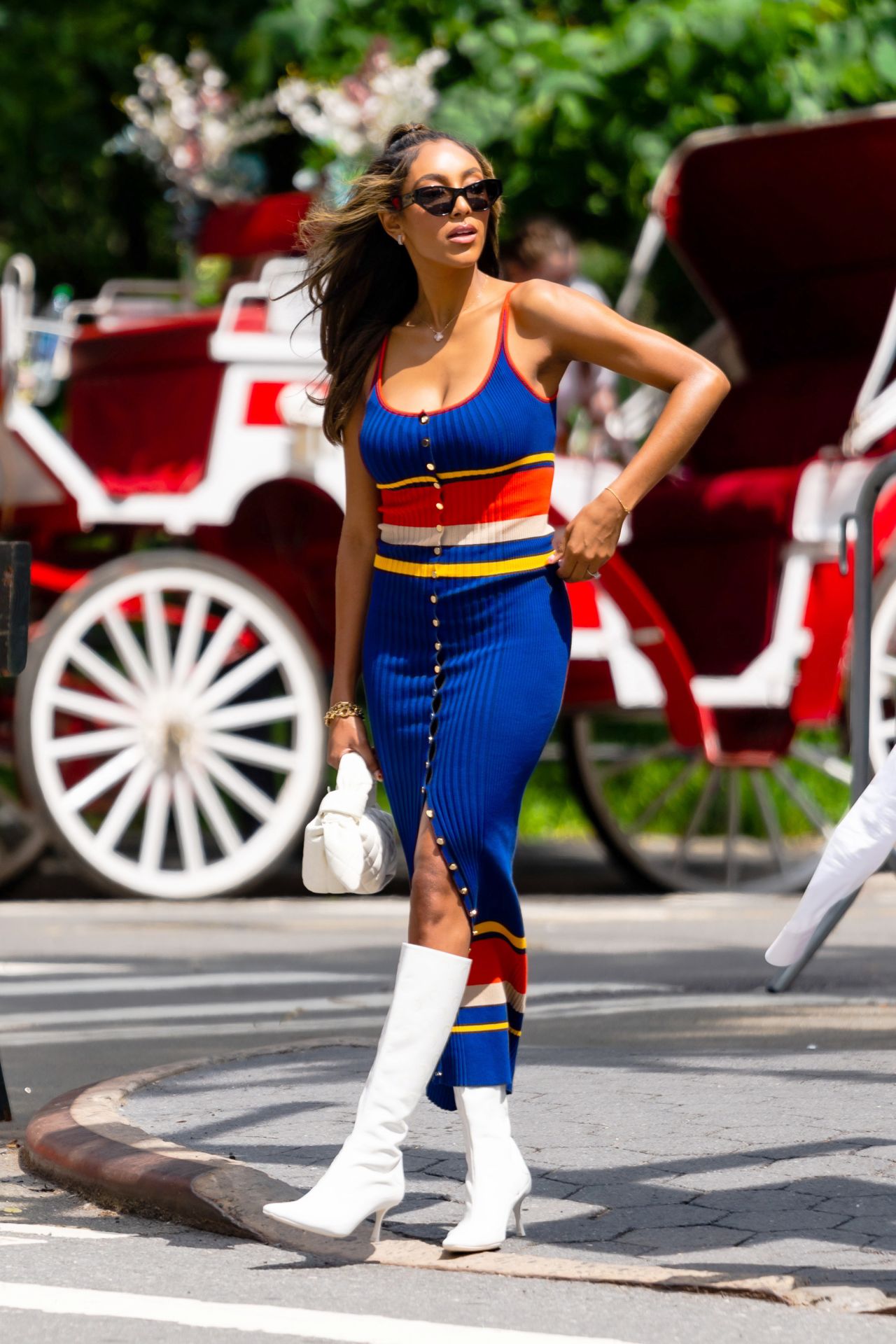 Tayshia Adams in a Multicolored Dress and Knee High White Boots - NYC