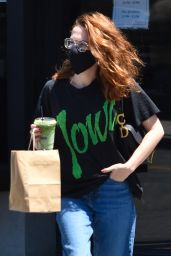 Zoey Deutch in a Black Graphic Tee and Jeans at Alfred Coffee in LA 06/14/2021
