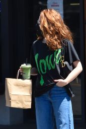 Zoey Deutch in a Black Graphic Tee and Jeans at Alfred Coffee in LA 06/14/2021