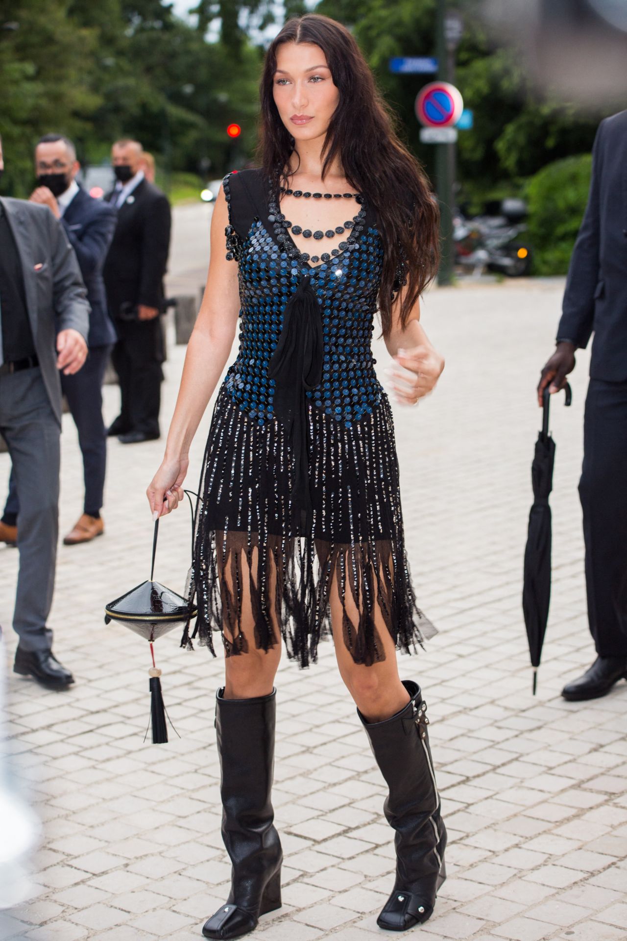 Bella Hadid Wears Fun Fringe Dress at Louis Vuitton Dinner with