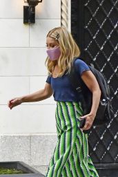Kelly Ripa in a Stripe Green Skirt, Blue Top and Pink Mask - New York 07/19/2021
