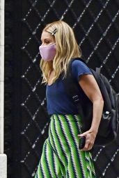 Kelly Ripa in a Stripe Green Skirt, Blue Top and Pink Mask - New York 07/19/2021