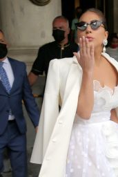 Lady Gaga in a White Lace and Ruffle Dress With a Mint Purse - NYC 07/01/2021