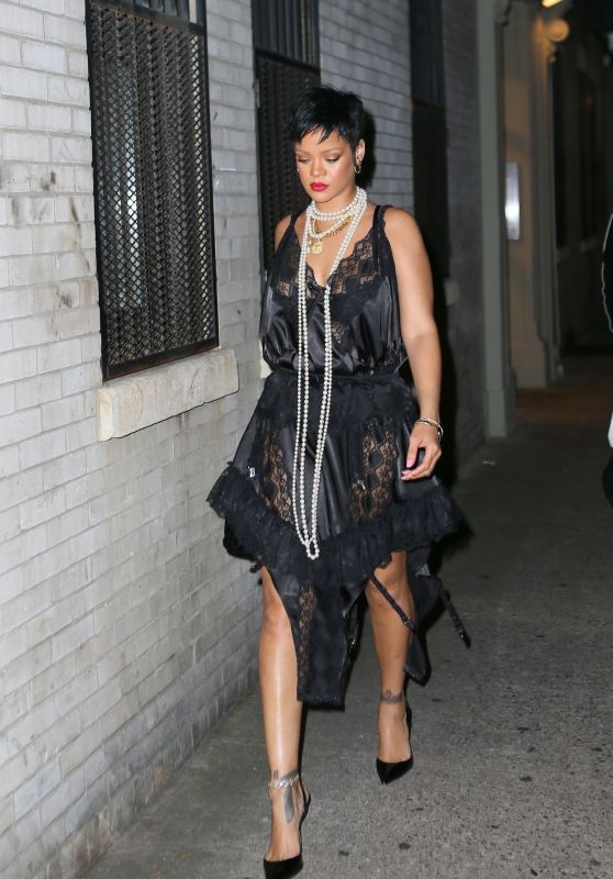 Rihanna in a Black Lace Dress and Heels at Carbone Italian Restaurant in NY 07/05/2021