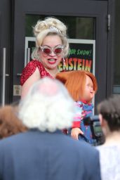 Jennifer Tilly Holding Up the Chucky Doll - "Chucky" TV Series Set in Toronto 08/09/2021