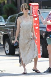Kaley Cuoco Wears a Silver Slip Dress - "Meet Cute" Set in Brooklyn 08/12/2021