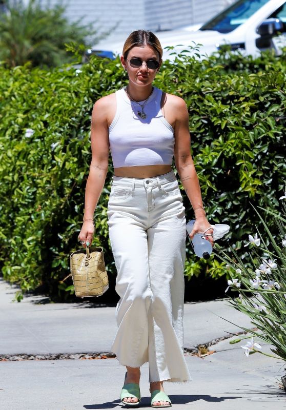 Lucy Hale Wears a White Ensemble With a Crop Top - West Hollywood 08/03/2021