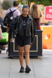 Molly Mae Hague in a Black Leather Jacket and Ripped Shorts - Manchester 08/03/2021