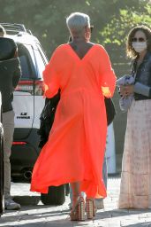 Pink in a Bright Orange Dress and Gold Platform Heels - Malibu 08/05/2021