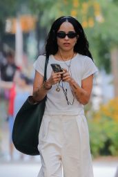 Zoë Kravitz in a White T-shirt and White Pleated Slacks - New York 08/10/2021