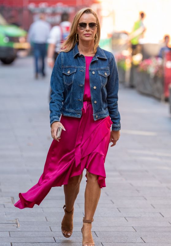 Amanda Holden in a Glowing Pink Dress and Denim Jacket - London 09/16/2021