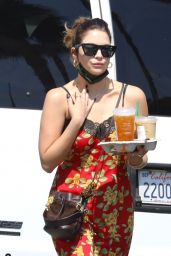 Ashley Benson in a Red Floral Dress and Black Cowboy Boots in LA 09/07/2021