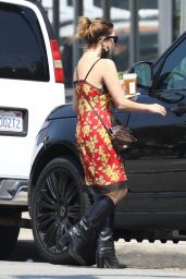 Ashley Benson in a Red Floral Dress and Black Cowboy Boots in LA 09/07/2021