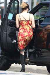 Ashley Benson in a Red Floral Dress and Black Cowboy Boots in LA 09/07/2021