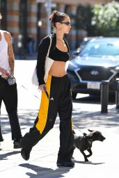 Bella Hadid Wearing a Black and Yellow Adidas Tracksuit and Custom Hoop Earrings - NYC 09/24/2021