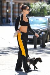 Bella Hadid Wearing a Black and Yellow Adidas Tracksuit and Custom Hoop Earrings - NYC 09/24/2021