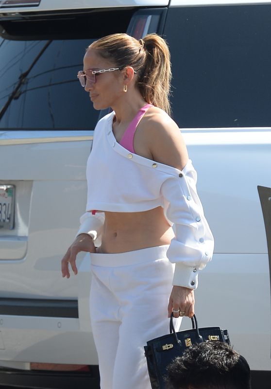 Jennifer Lopez in Pink Sports Bra and White Crop Top - Los Angeles 09/16/2021