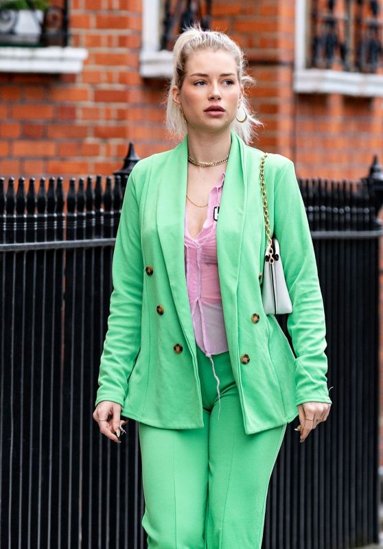 Lottie Moss in a PrettyLittleThing Green Suit and a Sheer Pink Shirt 09/13/2021
