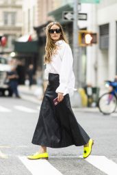 Olivia Palermo Wearing a Long Black Leather Skirt and White Button Down Shirt - NYC 09/20/2021