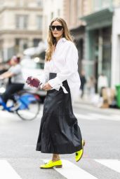 Olivia Palermo Wearing a Long Black Leather Skirt and White Button Down Shirt - NYC 09/20/2021