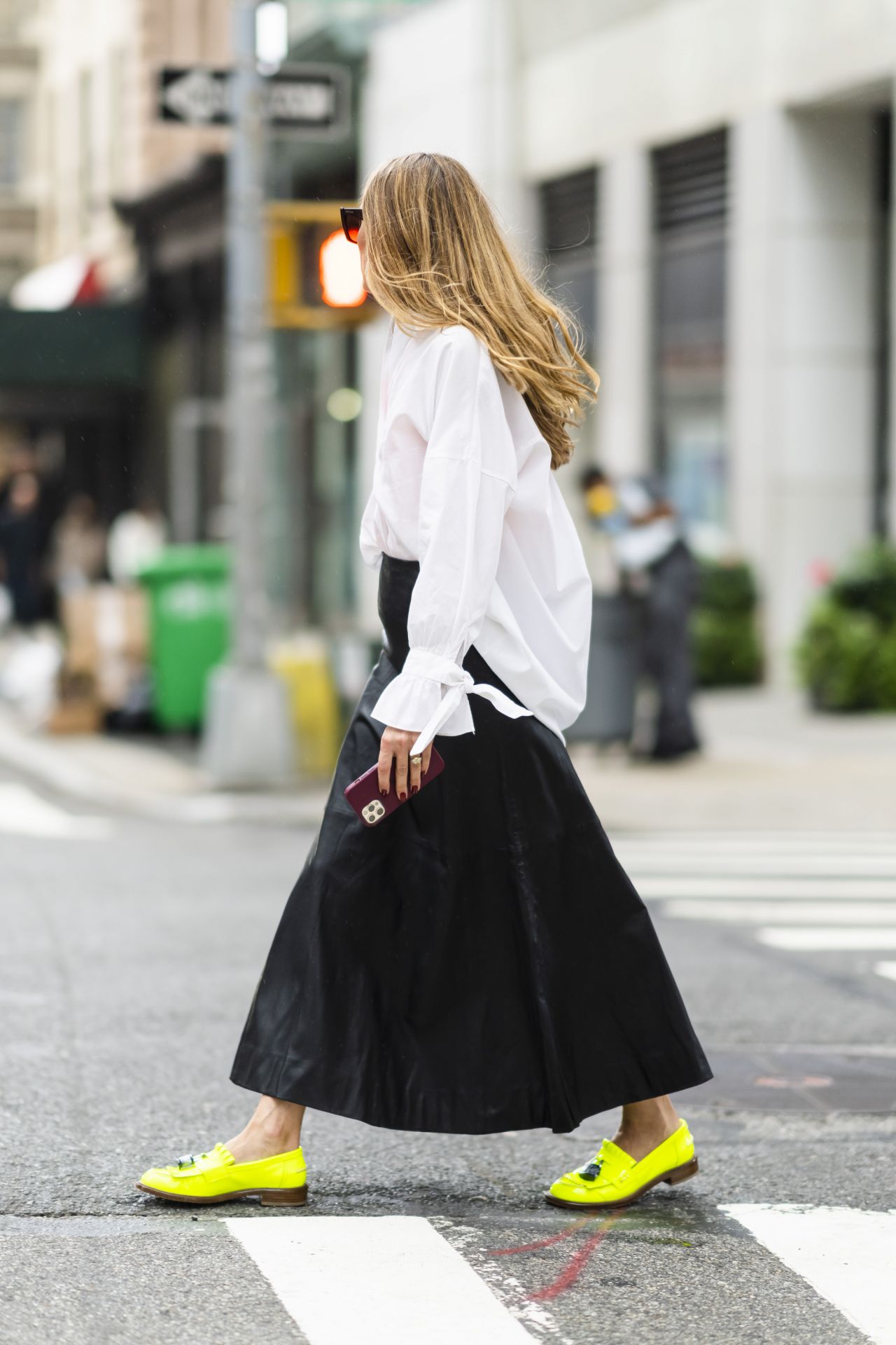 Olivia Palermo Wearing a Long Black Leather Skirt and White Button Down ...
