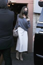 Angelina Jolie in an off-the Shoulder Grey Sweater and Flowing White Skirt - Skylight Bookstore in LA 10/13/2021