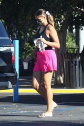 April Love Geary Wears Pink Alo Tennis Shorts and a Black Tank Top - Blue Bottle Coffee in LA 10/05/2021