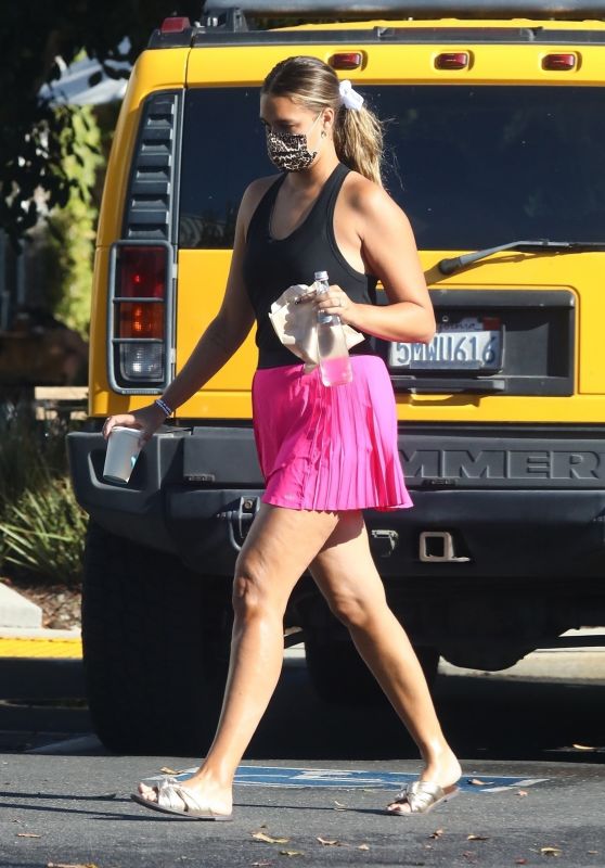 April Love Geary Wears Pink Alo Tennis Shorts and a Black Tank Top - Blue Bottle Coffee in LA 10/05/2021