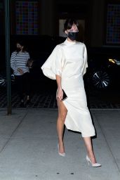 Dakota Johnson in a Beige Satin Dress - New York 09/30/2021