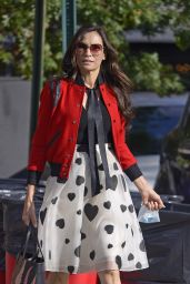 Famke Janssen Wears a Red Bomber Jacket and a White Heart-Printed Skirt - West Village in NY 10/18/2021