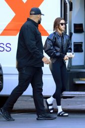 Hailey Rhode Bieber in Black Leather Bomber Jacket and Skintight Leggings - LA 10/05/2021