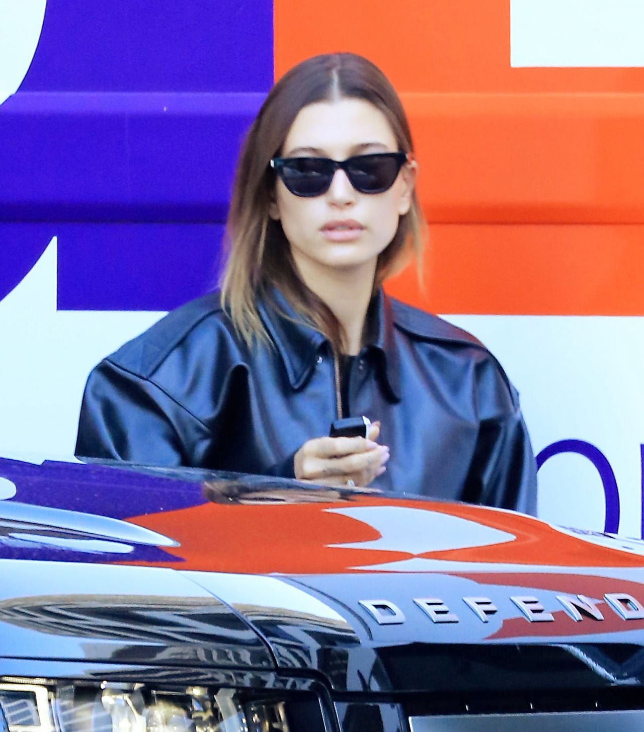 Hailey Rhode Bieber in Black Leather Bomber Jacket and Skintight