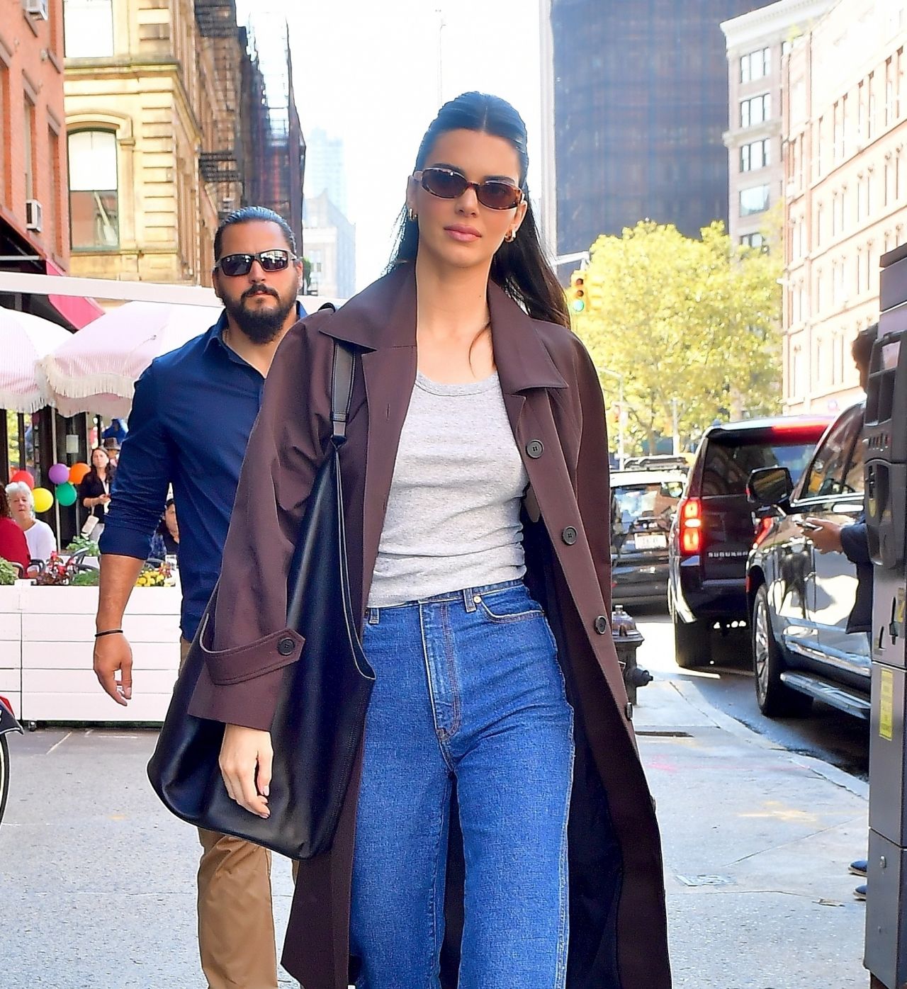 Kendall Jenner in a Brown Trench Coat and Blue Denim - New York City 10 ...