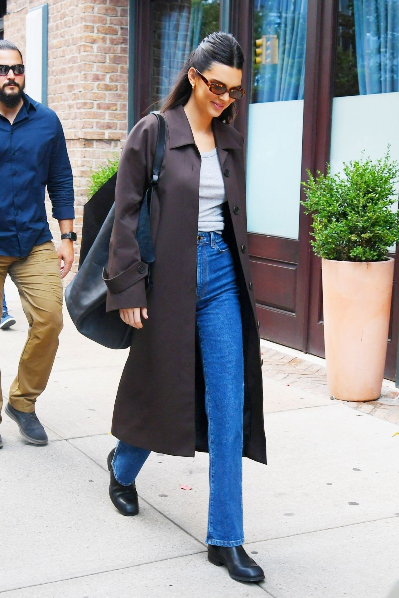 Kendall Jenner in a Brown Trench Coat and Blue Denim - New York City 10 ...